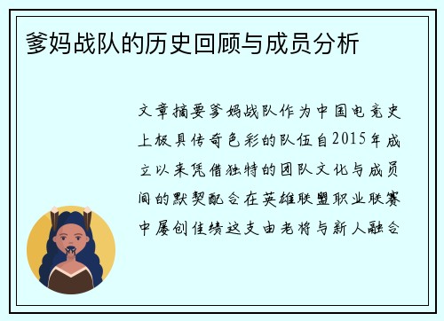 爹妈战队的历史回顾与成员分析